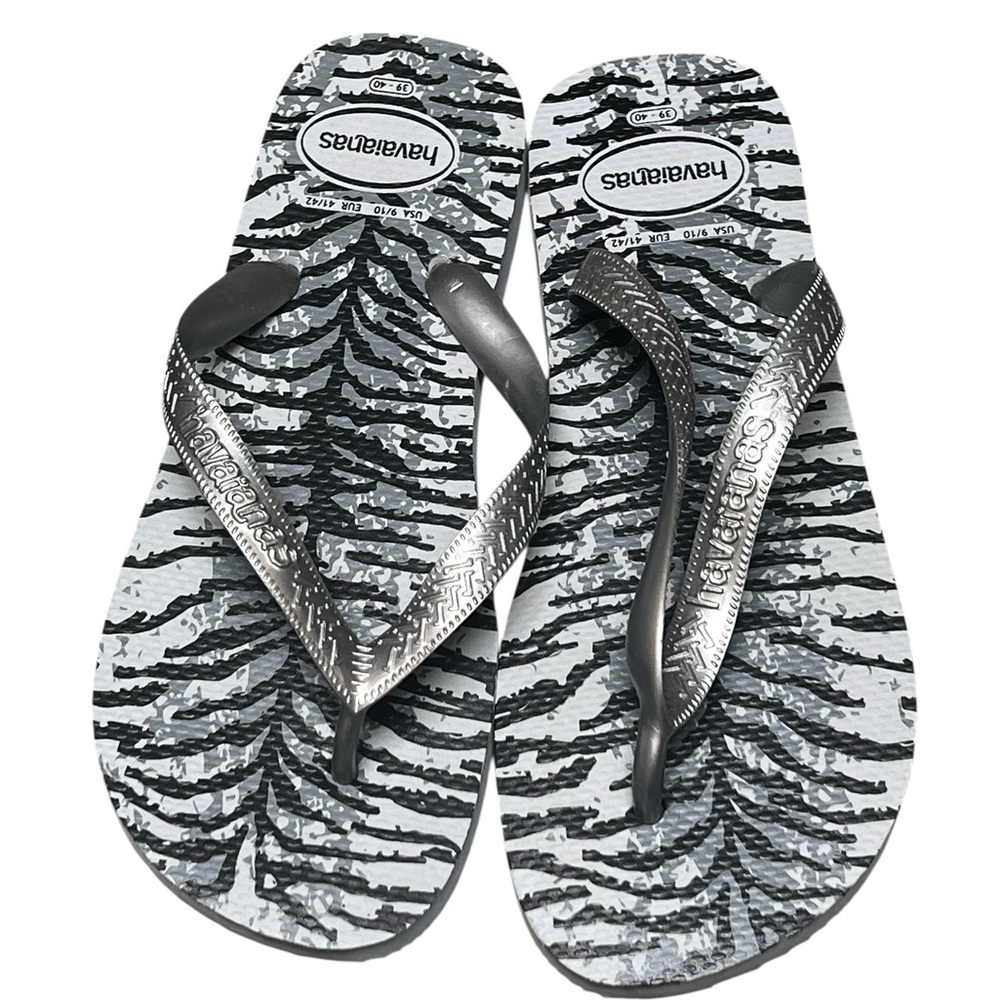 Havaianas animals top flip flop sandals in zebra print gray black silver - Picture 2 of 6